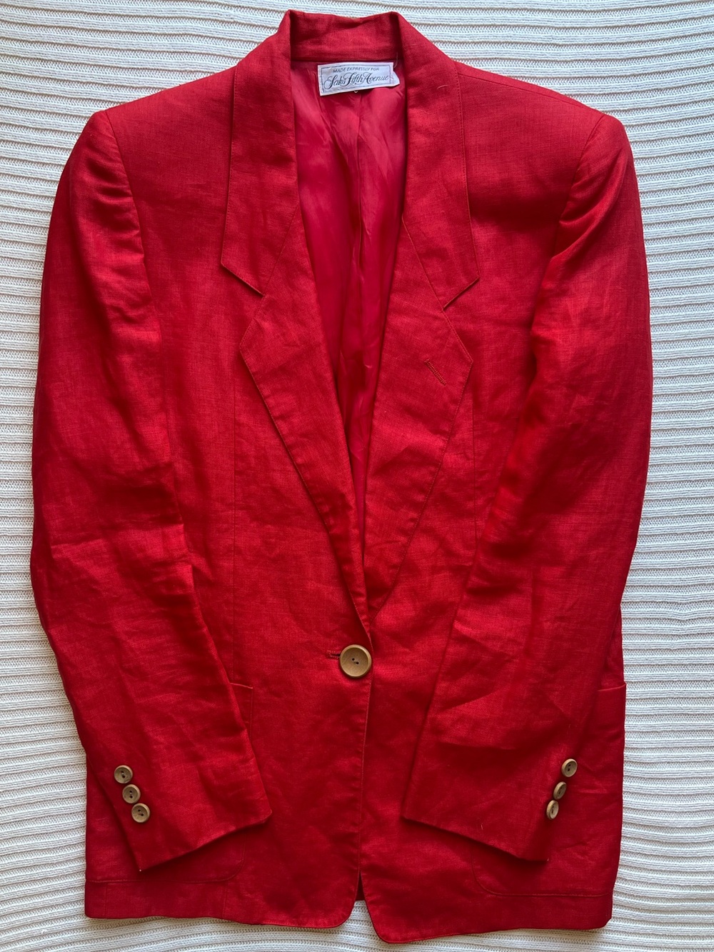 Vintage 80s Saks Fifth Avenue Red Linen Oversized Boyfriend Blazer Jacket USA